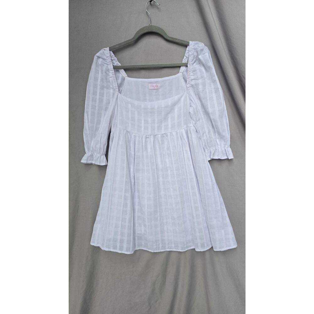 Pink Lily Dress Womens Small White Square Neck Puff Sleeve Fit & Flare Check